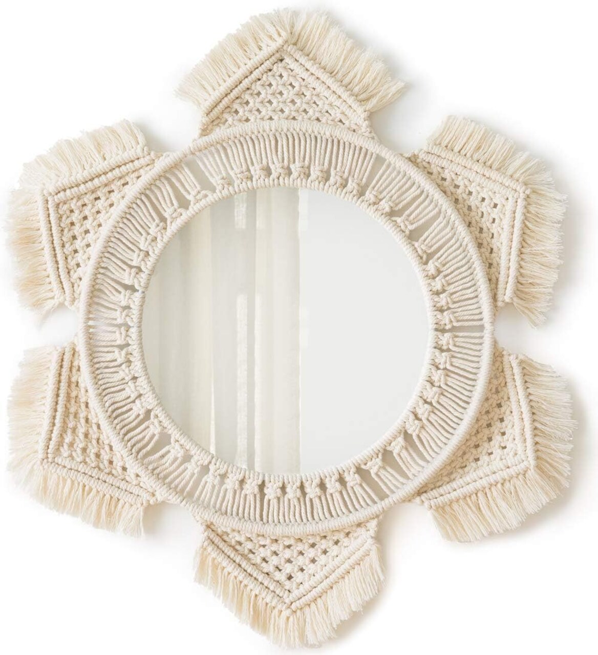 Boho Wall Mirror Decor Round Macrame Hanging Wall Art Decoration|Ivory
